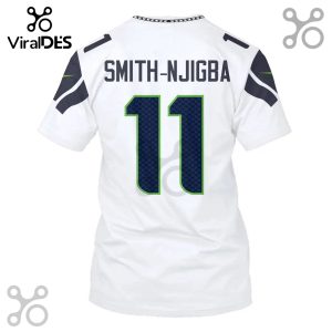 Back of a white sports jersey with the name SMITH-NJIGBA and the number 11 in green and dark blue.!