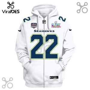 White zip-up hoodie with 'Seattle Seahawks,' number 22, NFL logo, Super Bowl logo, and USA 250 design elements.!