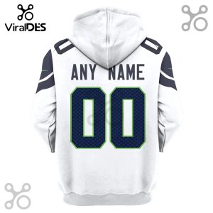 Back of white hoodie with customizable name and number in navy blue and green.!