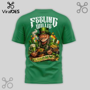 Green shirt with Willie Nelson-like leprechaun playing guitar, holding beer, pot of gold! Text: FEELING WILLIE, LUCKY!