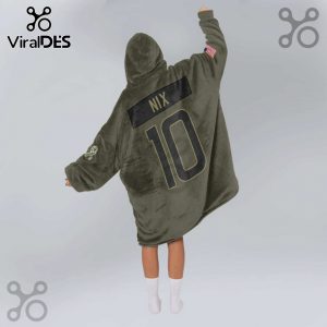Olive green hoodie blanket with 'Nix' on a black stripe and the number '10' below it, plus a US flag patch on the sleeve.!
