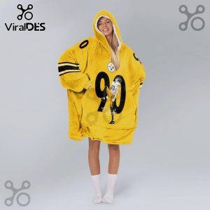 Oversized hoodie blanket, yellow with '90' and a football player graphic. Steelers logo on shoulder.!