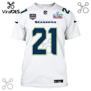 White t-shirt with a Seattle Seahawks jersey design, number 21 on the front.!