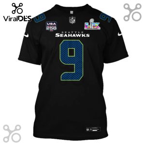 Black Seattle Seahawks jersey shirt with the number 9, NFL, USA 250 and Super Bowl LIX logos.!