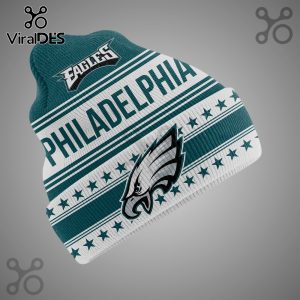 Philadelphia Eagles beanie with logo, team name, city, and star pattern.!