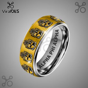 Gold and silver ring! Outer band features repeating black and gold Alpha Phi Alpha crests! Inner band has 'ALPHA PHI ALPHA' text!
