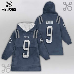 Dark blue hooded blanket featuring 'Patriots', number '9', and letters 'E' and 'N'. Back shows 'BOUTTE' and '9'.!