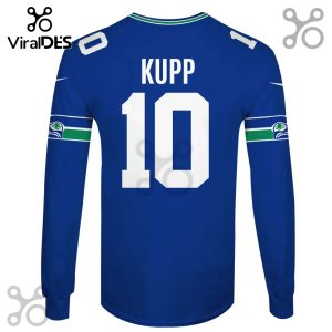 A blue, long-sleeved shirt with 'KUPP' and '10' in white on the back, plus team logos on the sleeves.!