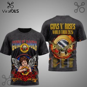 Guns N' Roses World Tour 2026 3D T-Shirt featuring band members and tour dates in a vibrant, dimensional design.