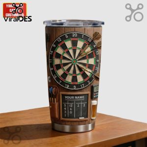 Customizable tumbler shows a dartboard design with space for your name and a scoring board!
