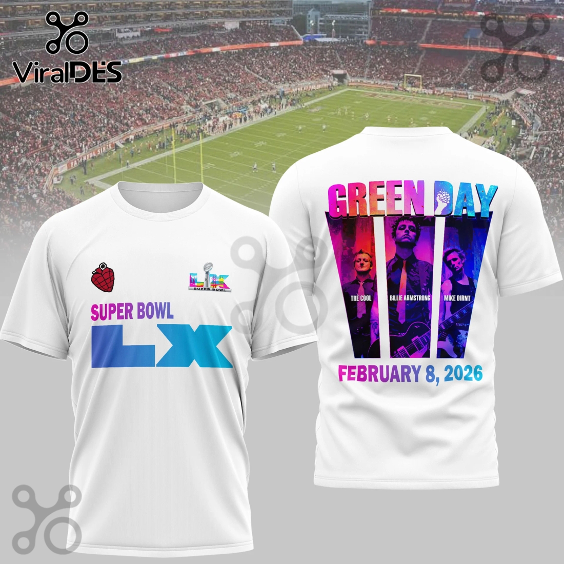 Green Day Super Bowl LX Champions White 3D T-Shirt Green Day Super Bowl LX Champions White 3D T-Shirt