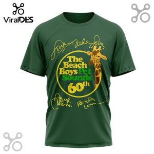 Green shirt with yellow circle, 'The Beach Boys Pet Sounds 60th' text, giraffe head, and yellow script signatures!