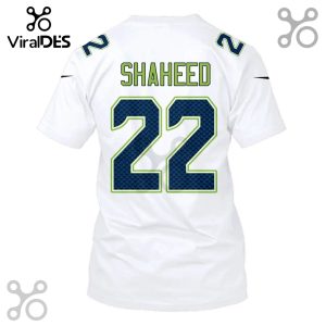 White t-shirt featuring 'SHAHEED' and the number '22' in a Seattle Seahawks-themed font.!