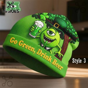 Mike Wazowski St Patricks Day beanie hat. Green knit with Mike Wazowski wearing a shamrock.