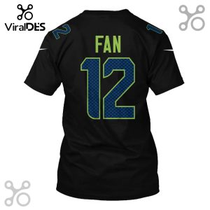 Black t-shirt with green and blue 'Fan 12' text and numbers on the back, resembling a sports jersey.!