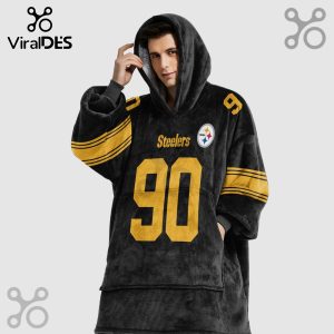 Pittsburgh Steelers blanket hoodie with number 90 and team logo shown on a man.!