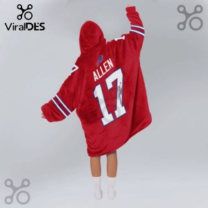Person wearing a hooded blanket with 'ALLEN 17' and a Buffalo Bills logo on a red background.!