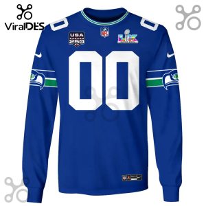 Blue long-sleeve sports jersey with Seahawks colors, number 00, and Super Bowl LIX logo.!