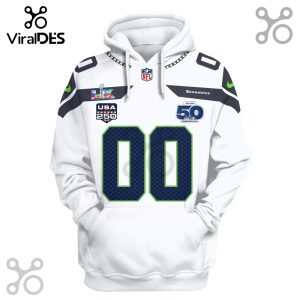 White hoodie with Seahawks jersey design. It features the number '00', team logos, and Super Bowl emblems.!