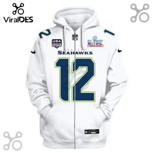 White Seattle Seahawks hoodie with number 12, USA 250 patch, and Super Bowl LIX logo.!
