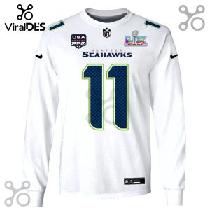 White Seattle Seahawks long sleeve jersey with number 11, USA 250, NFL logo, Super Bowl logo, and number 1 on the shoulder.!