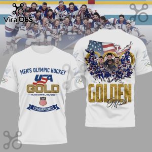 White t-shirt featuring USA Olympic Hockey team design with 'GOLD' and 'Champions' text.!