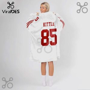 The back of a white hoodie blanket with red 'Kittle' and '85' printed on it.!