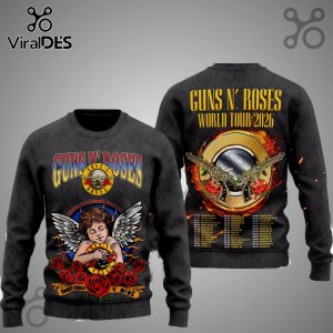 Guns N' Roses World Tour 2026 3D T-Shirt featuring band members and tour dates in a dynamic, layered design.