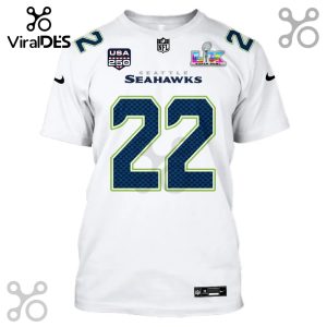 White Seattle Seahawks jersey featuring the number 22, NFL logo, Super Bowl LIX logo, and USA 250 logo.!