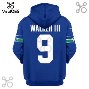 Blue hoodie back view with 'WALKER III' and number '9' in white, plus team logo stripe on sleeves.!
