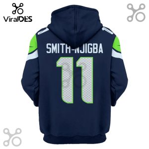 Back view of a navy blue hoodie with Smith-Njigba and number 11 on the back.!