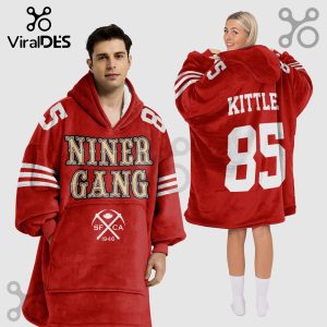Red hooded blanket featuring 'Niner Gang' text, SF CA 1946 pickaxe graphic, and Kittle 85 on the back!