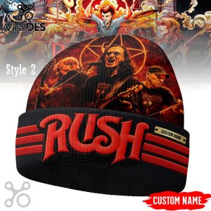 Black beanie with red embroidered RUSH logo, three red stripes, and a print of Geddy Lee, Alex Lifeson, and Neil Peart!