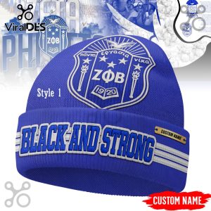 Blue beanie hat featuring a white embroidered Zeta Phi Beta (ZΦB) 1920 shield logo and 'BLACK AND STRONG' text.!
