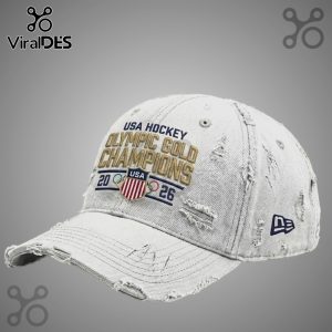 Distressed baseball cap with 'USA Hockey Olympic Gold Champions 2026' text and USA shield design.!