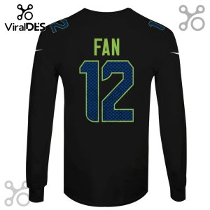 Black long sleeve shirt. Back says FAN with the number 12. Colors are blue and green.!