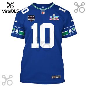 Blue football jersey with number 10, Super Bowl LVIII logo, and Seattle Seahawks emblem.!