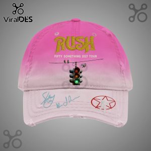 Pink hat with Rush Fifty Something 2027 Tour graphic, traffic light, birds on wire, and band member signatures.!