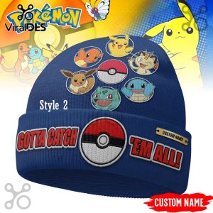 Blue beanie with embroidered Pokémon characters including Pikachu, Charmander, Squirtle. Features 'GOTTA CATCH 'EM ALL!' text and Poké Balls. Custom name tag!