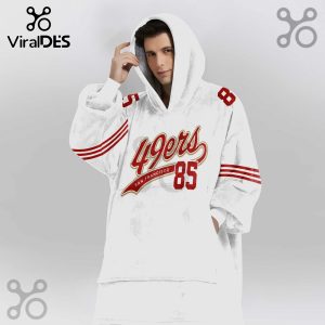 White hooded blanket with 49ers design, including the number 85 and red stripes on the sleeves!