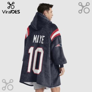 Person wearing a navy blue hooded blanket with 'MAYE' and '10' in white, with red stripes and the New England Patriots logo.!