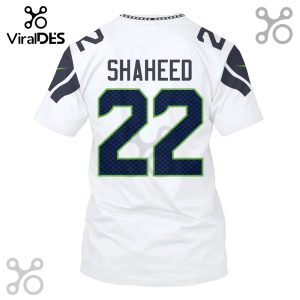 White t-shirt with 'SHAHEED' and the number '22' in blue and green on the back.!