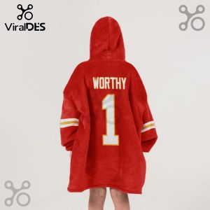 Red hooded blanket with 'WORTHY' text and the number '1' on the back, sports jersey style.!