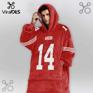 Red hooded blanket featuring '49ERS' above the number '14' on the front, and a '1' on the hood.!