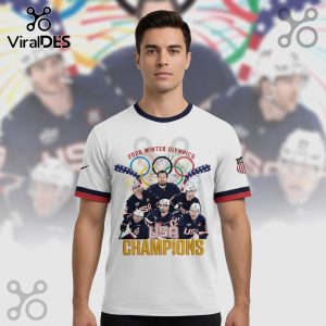 White t-shirt with the USA 2026 Winter Olympics Champions design, featuring a team photo and logo.!
