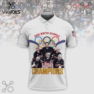 White polo shirt with 2026 Winter Olympics, Olympic Rings, USA Hockey players, USA and Champions text design.!