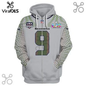 Gray Seattle Seahawks hoodie with number 9 on front, USA 250, NFL logo and Super Bowl logo.!