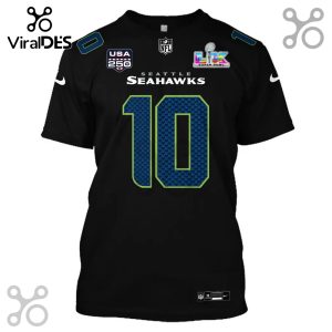 Black t-shirt featuring a Seattle Seahawks jersey design with the number 10, NFL logo, Super Bowl LIX, and USA 250 patch.!