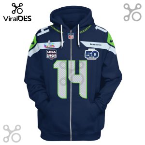 Seattle Seahawks #14 Navy Blue Full Zip Hoodie with Super Bowl and USA 250 patch designs.!