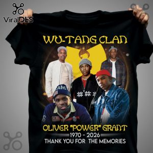 Black T-shirt featuring Wu-Tang Clan members and text honoring Oliver 'Power' Grant.!